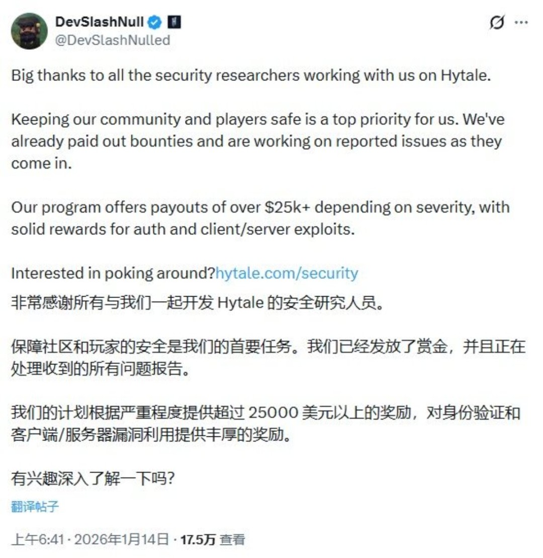某某热议：上线即爆火，《Hytale》悬赏超2.5万美元邀玩家找bug